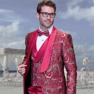 Statement Men's Red Patterned Vested Tuxedo with Bowtie